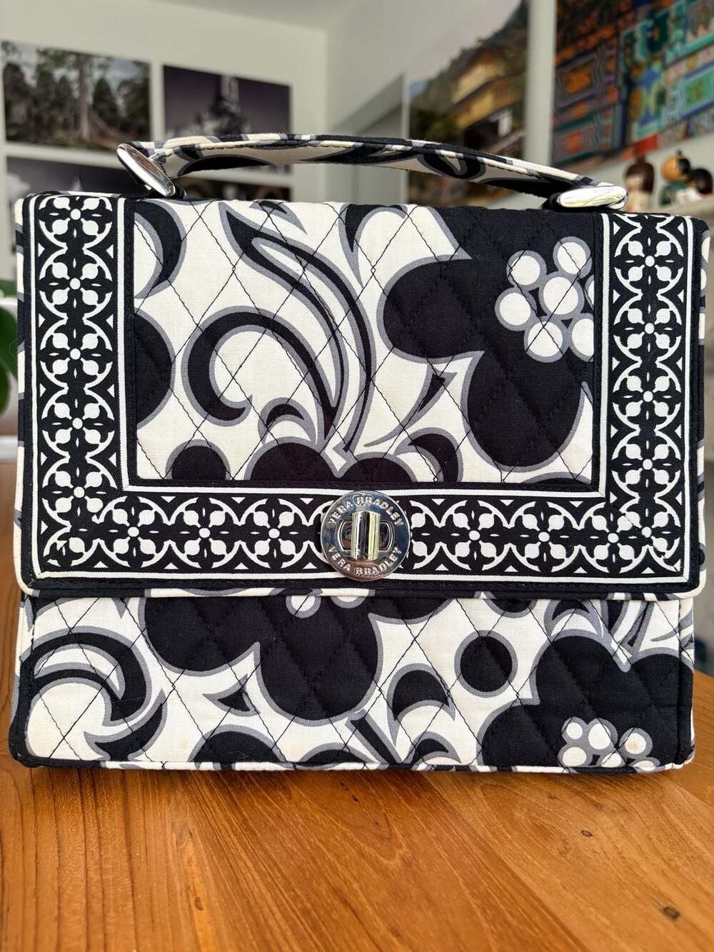 Vera Bradley Night and Day Black and White Turnlock Satchel Crossbody Purse